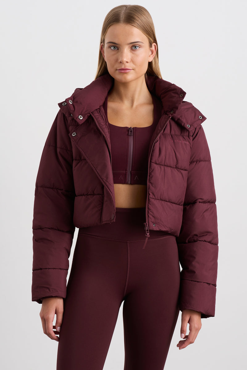 Cropped Hooded Puffer Jacket 764, Burgundy